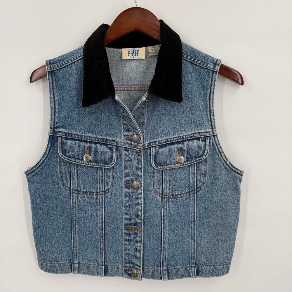 Vintage PASTA Denim Vest Womens Medium Blue Jean Black Velvet Collar Western 90s